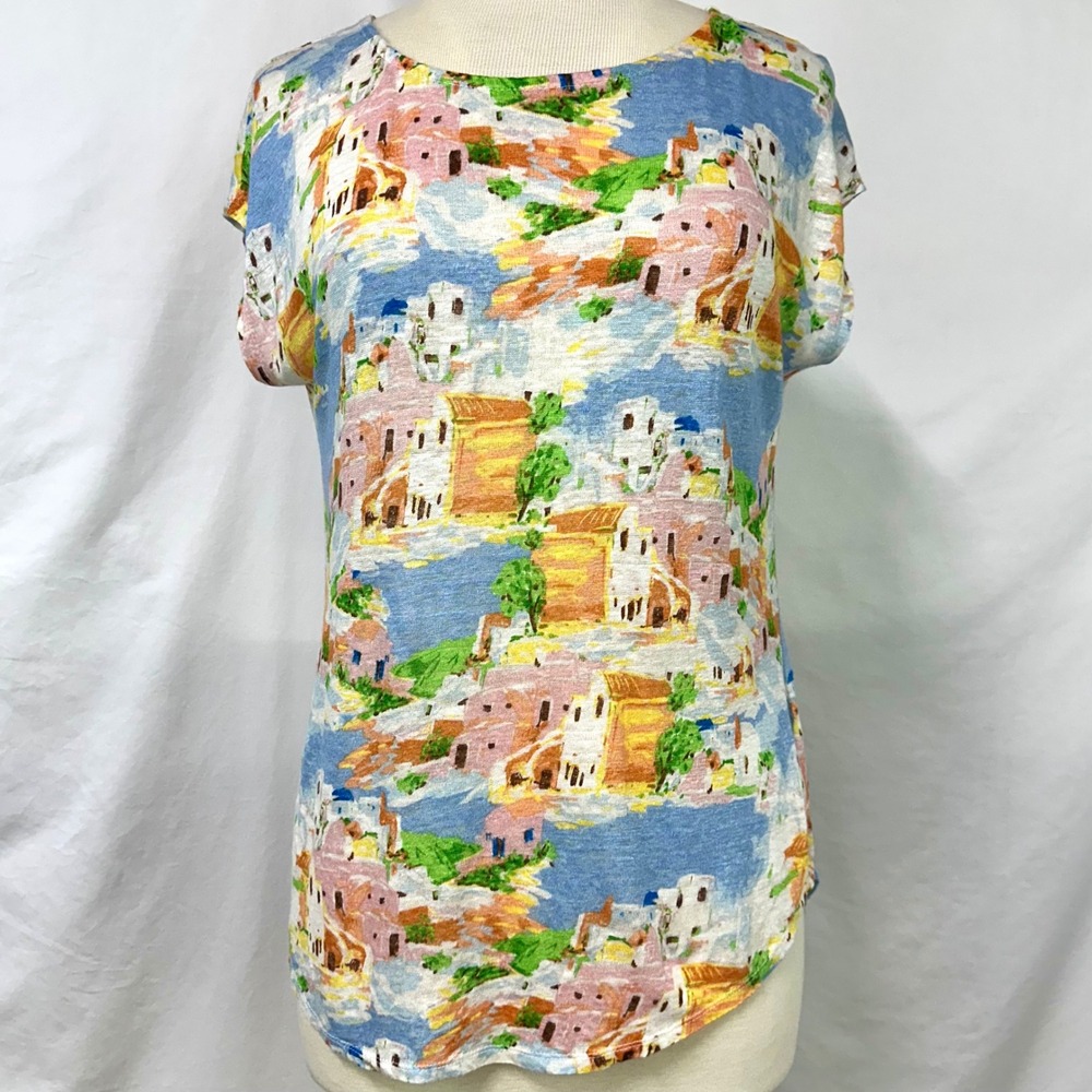 CYNTHIA ROWLEY 100% Linen Asymmetrical‎ Greek Island Village Print Top Women's M